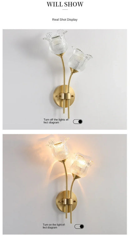 Bedroom headboard  lamp all copper American retro designer flower cream wind wall light room decor