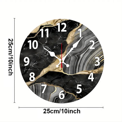 Black Marble Wooden Round Silent Hanging Wall Clock, Suitable For Living Room, Office, Study Room, Bedroom, Home Decoration