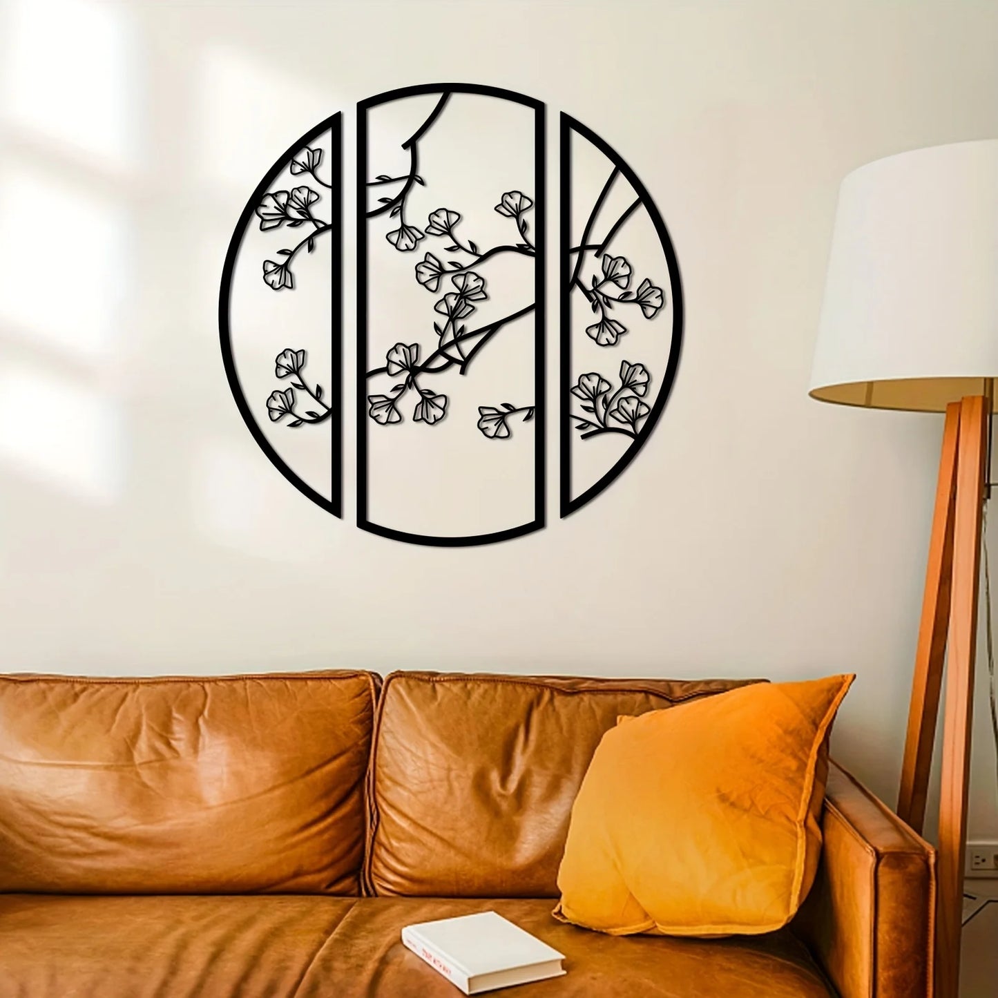 3pcs/set Black Simple Line Round Wall Art Sculpture, Ginkgo Metal Wall Art Decor, Suitable for Bedroom Kitchen Wall Decor