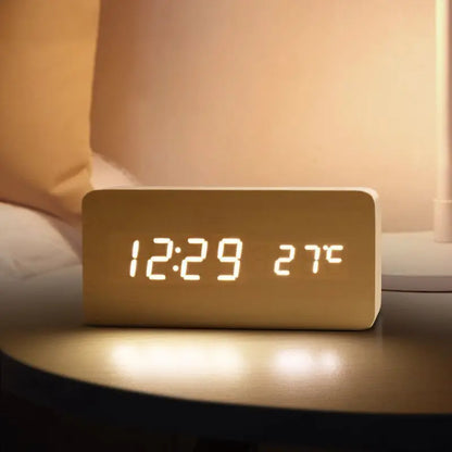 "Retro Wooden Digital Alarm Clock with LED Display & Temperature Sensor, Silent Night Light for Office/Bedroom/Living Room"