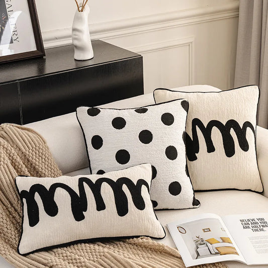 Modern Luxury Chenille Cushion Cover Black and White Geometric Jacquard Embroidery Throw Pillow Covers for Living Room