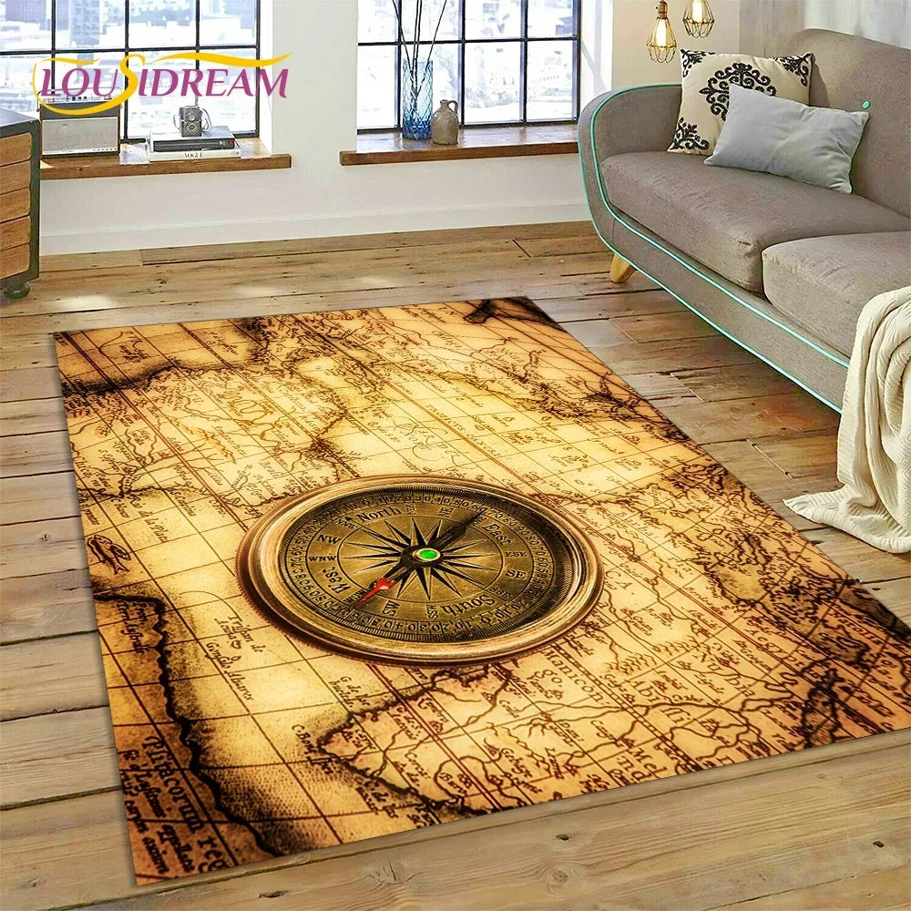 3D Ancient Nautical Chart World Map Compass Carpet Rug for Bedroom Living Room Sofa Decoration,Child Game Large Decor Floor Mat