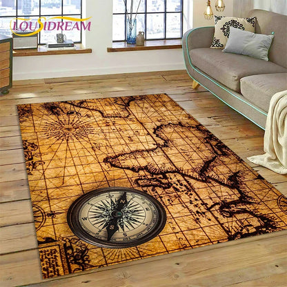 3D Ancient Nautical Chart World Map Compass Carpet Rug for Bedroom Living Room Sofa Decoration,Child Game Large Decor Floor Mat