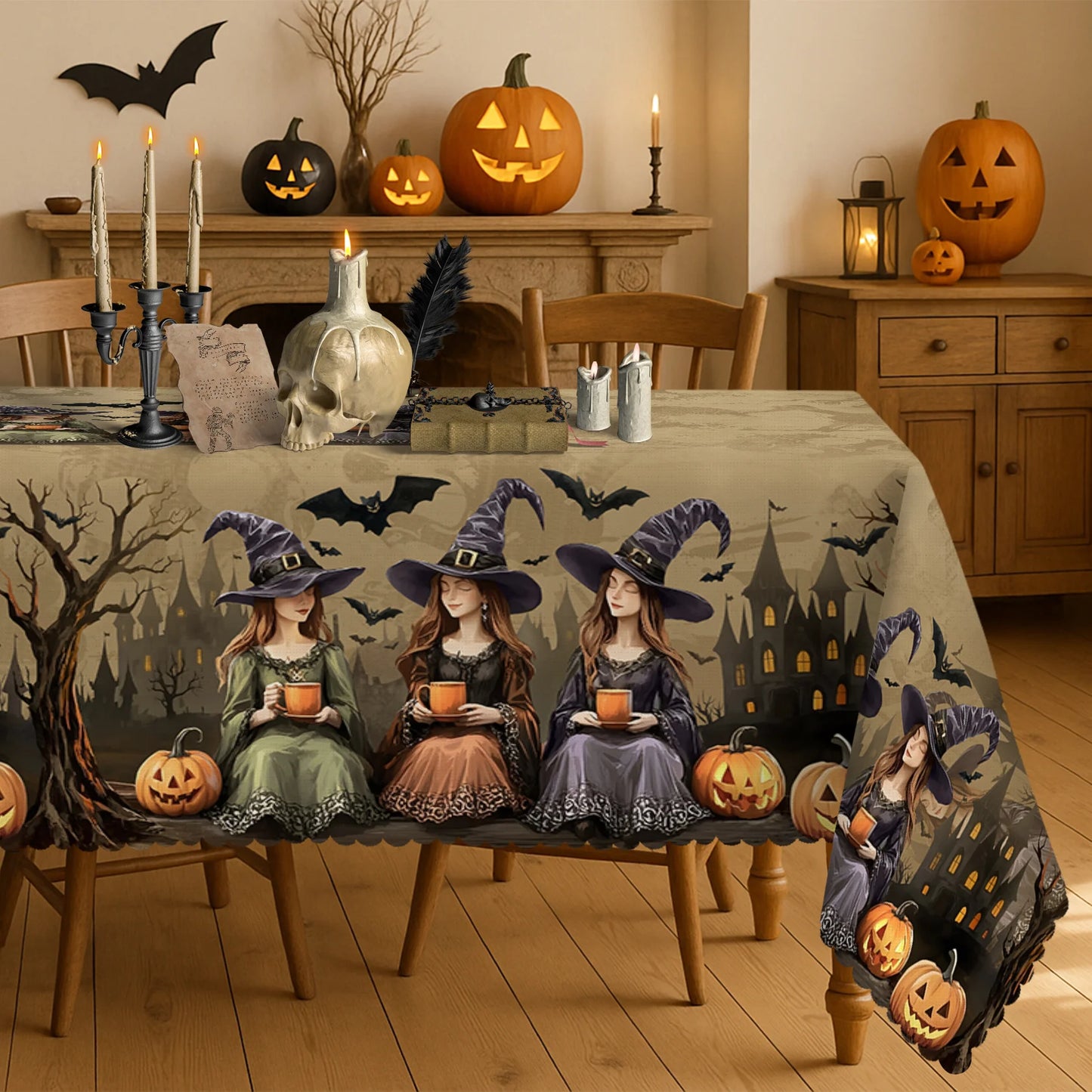 Halloween Witch Castle Pumpkin Waterproof Tablecloth for Table Decor Reusable Kitchen Dining Tablecloth Halloween Decorations