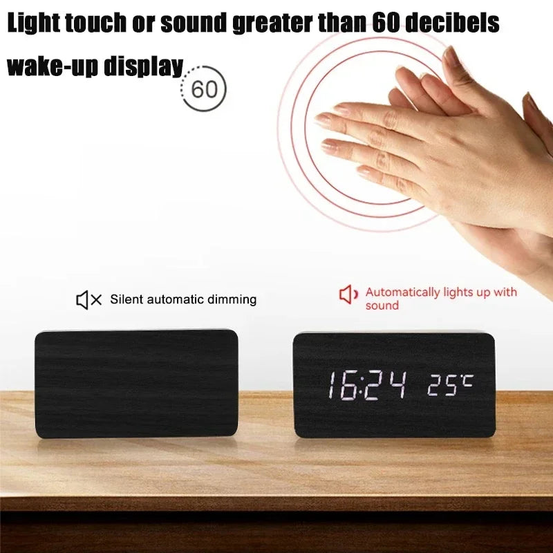 "Retro Wooden Digital Alarm Clock with LED Display & Temperature Sensor, Silent Night Light for Office/Bedroom/Living Room"