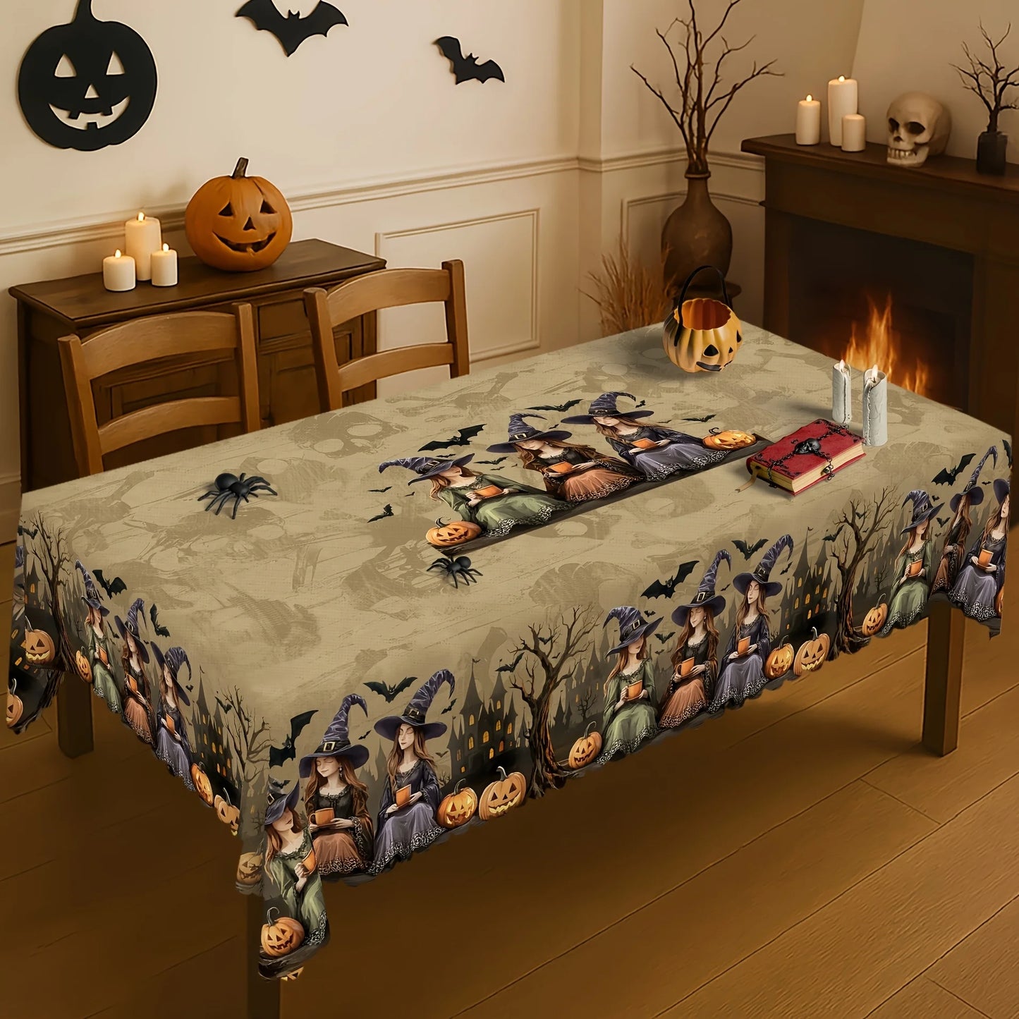 Halloween Witch Castle Pumpkin Waterproof Tablecloth for Table Decor Reusable Kitchen Dining Tablecloth Halloween Decorations