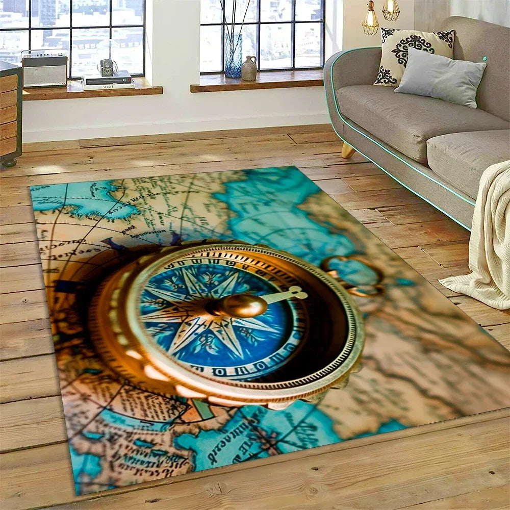 3D Ancient Nautical Chart World Map Compass Carpet Rug for Bedroom Living Room Sofa Decoration,Child Game Large Decor Floor Mat
