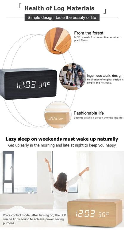 "Retro Wooden Digital Alarm Clock with LED Display & Temperature Sensor, Silent Night Light for Office/Bedroom/Living Room"