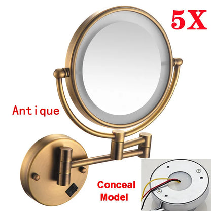 Rose Gold Led Folding Bathroom Mirror Wall Mounted Lighted Home Hotell Bathroom Makeup Mirror 5X Magnifying Plug Bath Mirrors