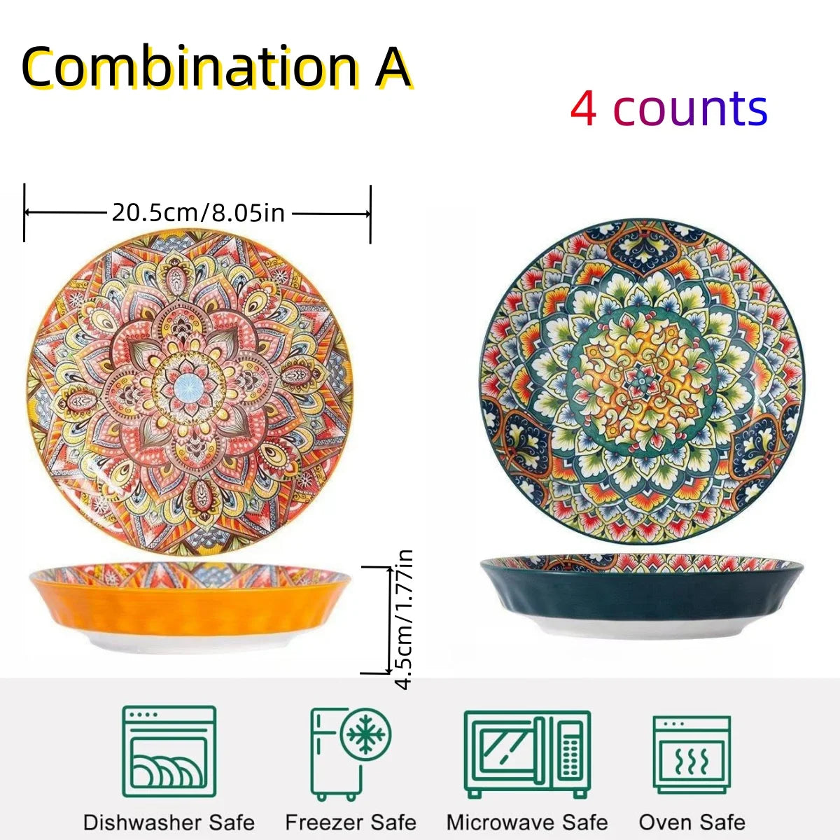 Bohemian Mandala Ceramic Plates 4Pcs 8Inch Deep Dinner Plates Microwave Dishwasher Safe Colorful for Kitchen Dining Gift
